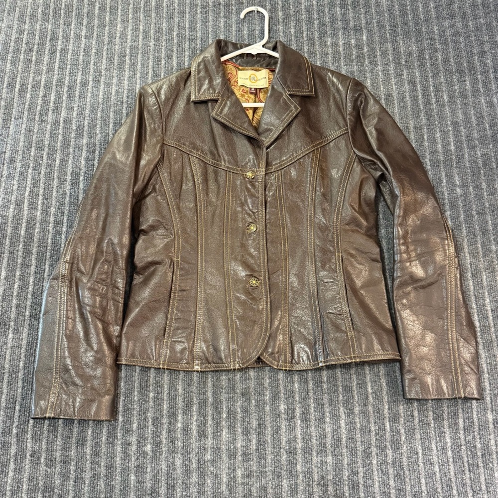Wilsons Leather Womens M Brown Button Front Paisley Lined Contrast Stitch Jacket